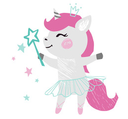Unicorn baby girl cute print. Sweet pony with magic wand, crown, ballet tutu, pointe shoes.