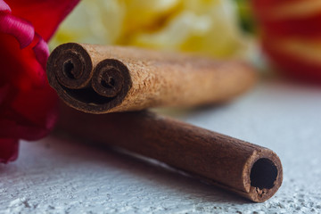 twisted cinnamon sticks close-up on a white table background. seasoning and flowers close up. copy space. spice