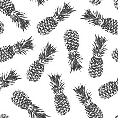 Pineapple seamless pattern, vector black and white background with pineapples for hawaiian shirt