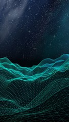 Abstract landscape on a dark background. Cyberspace grid. hi tech network. Outer space. Vertical orientation. Starry outer space texture. 3D illustration