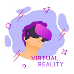 Vector illustration of man wearing virtual reality headset. Abstract VR modern illustration with geometric elements in flat style