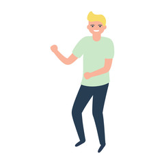 Young man dancing to party music. Stylish human at festival event, outdoor concert or club dance floor. Vector illustration
