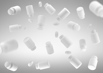 3D White bottle vitamins. White can in flight. 3d render. 3D image. 3D model