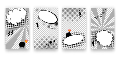 Vector trendy editable set of templates for social media networks stories. Modern design backgrounds for flyers, cards, posters. Trendy comics pop art style