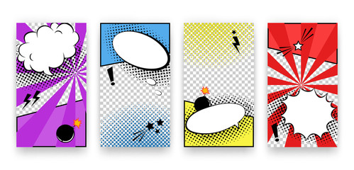 Vector trendy editable set of templates for social media networks stories. Modern design backgrounds for flyers, cards, posters. Trendy comics pop art style