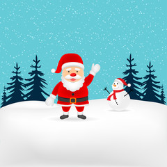 Christmas card with a snowman and Santa Claus