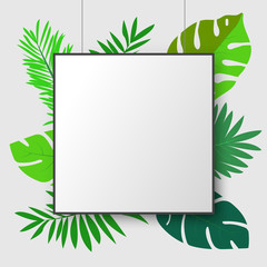 Realistic vector poster mockup with palm leaves. Clean blank 3d frame at size of a4 with copyspace. Background for poster, brochure, web, ad, banner. Square vector