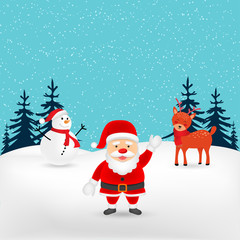 Christmas card with a snowman, Santa Claus and a deer