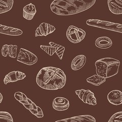 Monochrome seamless pattern with various types of bread and pastry hand drawn with contour lines on dark background. Backdrop with tasty homemade baked food. Vector illustration for wrapping paper.
