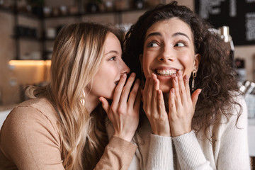 Girls friends sitting in cafe talking with each other gossiping.