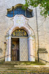 Fototapeta na wymiar entrance of Maria Kreuz Church in Landsberg am Lech, Germany