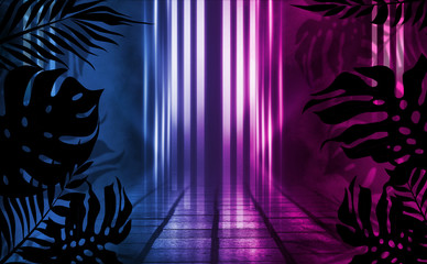 Background of empty dark scenes with neon lights and shapes, smoke. Silhouettes of tropical leaves in the foreground