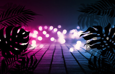 Background of empty dark scenes with neon lights and shapes, smoke. Silhouettes of tropical leaves in the foreground