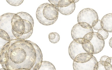 Fototapeta premium Bitcoin economic financial bubble. crypto currency 3D illustration. Business concept. Gold bubbles on white background. Bit, Coin, mining concept