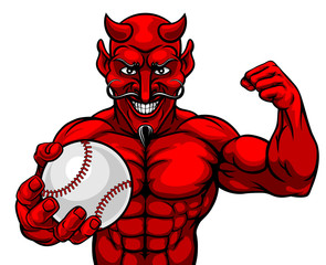 A devil Satan baseball or softball sports mascot cartoon character man holding a ball