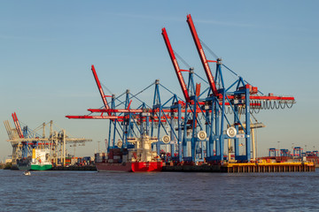 View from the river Elbe towards Terminal Burchardkai in the container harbor in Hamburg, Germany.