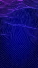 Abstract landscape on blue background. Cyberspace grid. hi tech network. 3D illustration