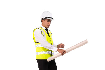 studio shot,young architect or engineer holding drawing paper on white background