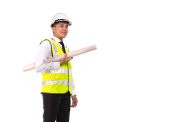 studio shot,young architect or engineer holding drawing paper on white background