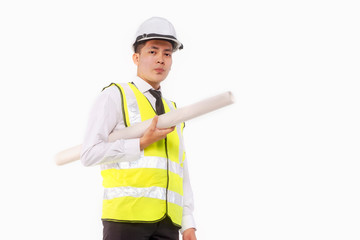 studio shot,young architect or engineer holding drawing paper on white background