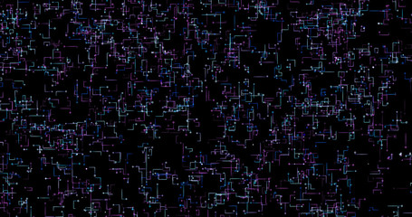 Infinite motion of lines and particles. Plexus zoom pattern. Abstract particles and lines texture. Digital computer image. Generative picture. 3D illustration, 3D rendering.