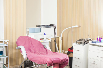 Medical equipment. Cosmetology apparatus. The interior of cosmetologist`s parlor. Laser epilator monitor. Beauty salon room.