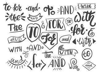 Handwritten catchwords and collection of different conjunctions, prepositions vector set