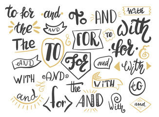 Handwritten catchwords and collection of different conjunctions, prepositions vector set.
