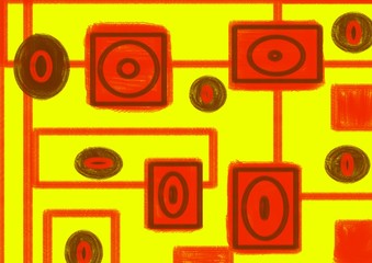 Colorful yellow abstract hand painted art with circles and squares in red color.
