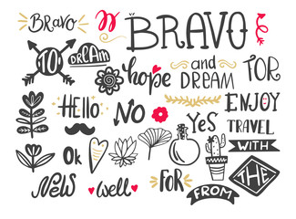 Handwritten catchwords and collection of different conjunctions, prepositions vector set.