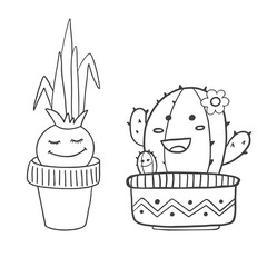 Cute cartoon characters. Onions and cactus in flower pots are smiling, isolated on white background