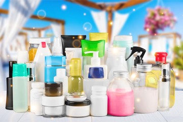 still life portrait of a group of product packaging. isolated over white