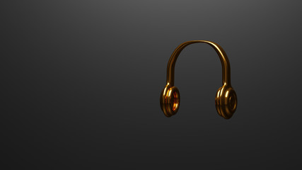 Golden headphones on black background. 3d illustration