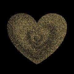 Gold sparkles glitter dust metallic confetti heart vector background.