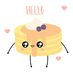Cute kawaii vector illustration of happy cartoon pancake character isolated on white.