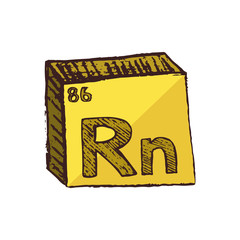 Vector three-dimensional hand drawn chemical yellow radioactive symbol of noble gas radon with an abbreviation Rn from the periodic table of the elements isolated on a white background.