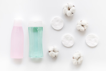 Organic cosmetics for face clearing with cotton pads, facial tonic and mycelial water white...