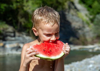 Young beautiful boy eating delicious ripe watermelon in the countryside in nature
