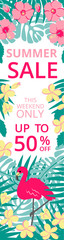 Summer sale vertical banner with palm leaves and tropical flowers