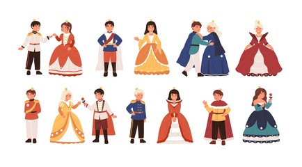Collection of cute little princes and princesses isolated on white background. Bundle of happy children dressed as kings and queens for carnival or royal ball. Flat cartoon vector illustration. © Good Studio