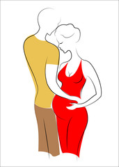 Happy couple. A man and a pregnant woman. The guy takes the girl. Vector illustration.