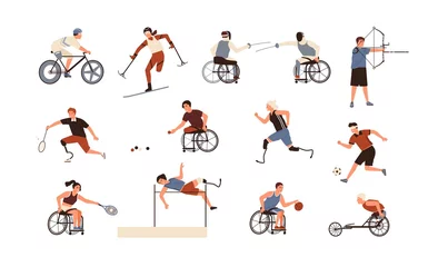 Poster Collection of male and female paralympic athletes isolated on white background. Bundle of disabled people with prosthetic limbs performing sports activities. Flat cartoon vector illustration. © Good Studio