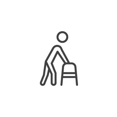 Man with walker line icon. linear style sign for mobile concept and web design. Disabled people with walking frame outline vector icon. Symbol, logo illustration. Pixel perfect vector graphics