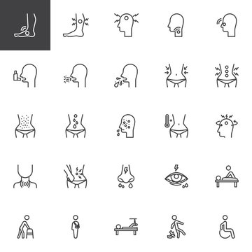 Health Conditions And Diseases Line Icons Set. Linear Style Symbols Collection, Outline Signs Pack. Vector Graphics. Set Includes Icons As Handicapped Patient, Chronic Pain, Headache, Cough, Allergy