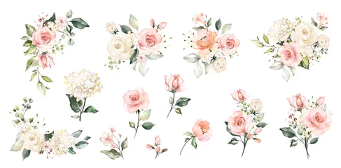 Fototapete Blumen Stellen Sie Aquarellarrangements mit Rosen ein. Sammlung Garten rosa Blumen, Blätter, Zweige, botanische Illustration isoliert auf weißem Hintergrund.