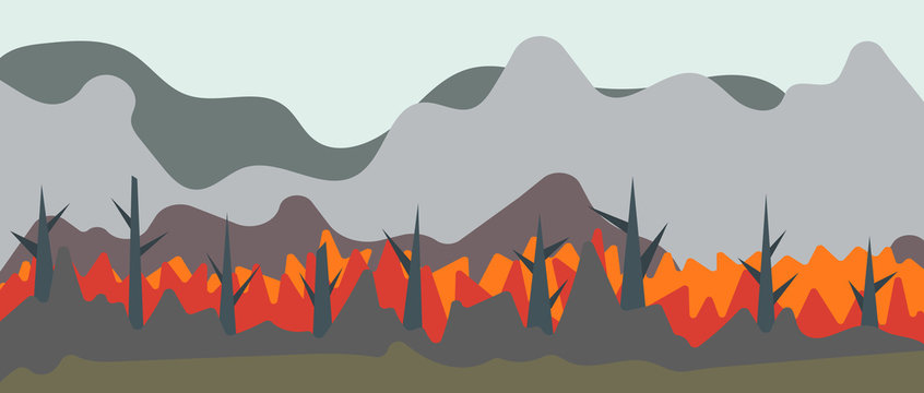 The forest is on fire. Smoke and fire.  Vector illustration. Background for games or web design