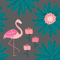 Obraz na płótnie Canvas Seamless pattern. Flamingo and a Tropical forest. Textile composition.