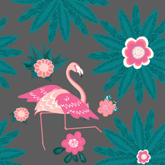Obraz premium Seamless pattern. Flamingo and a Tropical forest. Textile composition.