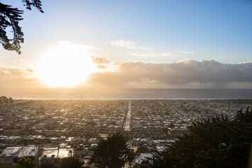 View of the Sunset District of San Francisco from Forest Knolls at sunset.