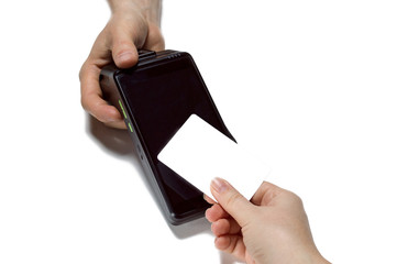 Woman paying contactless with plastic credit or debit card. Closeup, mockup white credit card for design.